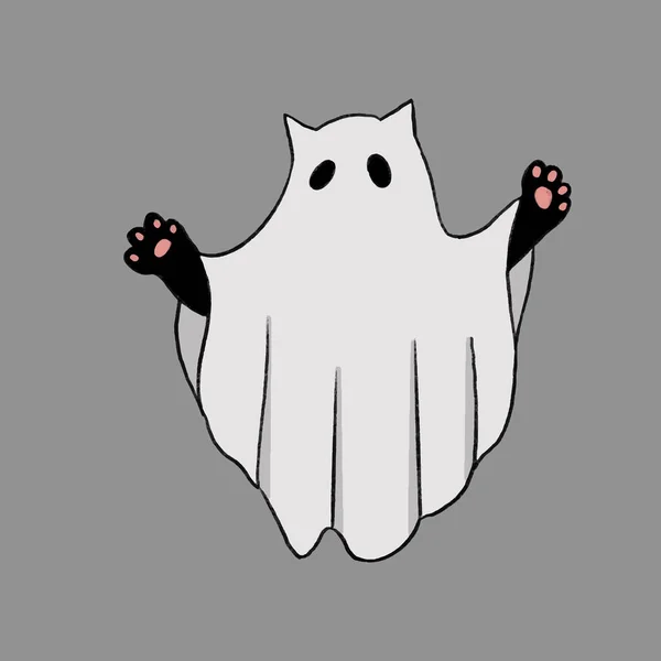 Gato Lindo Halloween Ilustración Del Traje Fantasma Ilustración Vectorial — Vector de stock