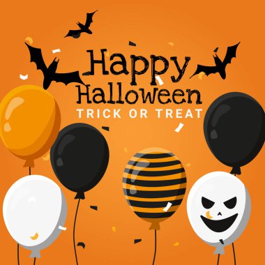 Yazılı mutlu Cadılar Bayramı ve balonların arka planında konfeti ve yarasalarla şeker ya da şaka. Vektör illüstrasyonu