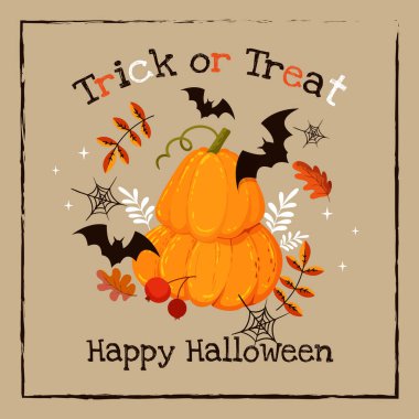 Hediye ver yoksa Cadılar Bayramı 'nı kutlarım. Balkabağı yarasaları örümcek ağları ve sonbahar yaprakları. Vektör illüstrasyonu