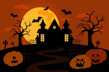 Dolunaylı bulutlu bir gökyüzüne karşı korkunç bir ev ve yarasalar mezar haçları ve balkabakları. Vektör illüstrasyonu