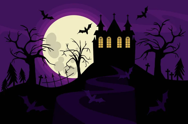 Ağaçlar ve yarasalarla dolu bir dolunayda mezarlık tepesinde korkunç bir ev. Vektör illüstrasyonu