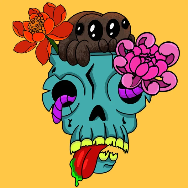 Totenkopf Mit Blumen Und Spinnenhalloween Illustration Vektorillustration — Stockvektor