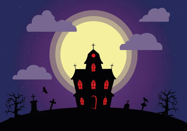 Halloween Skrämmande Mörkt Hus Med Röda Fönster Vektorillustration — Stock vektor