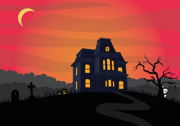 Halloween Oscuro Casa Gótica Miedo Cableado Cielo Rojo Ilustración Vectorial — Vector de stock