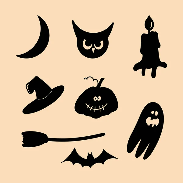 Siluetas Halloween Fantasma Murciélago Calabaza Búho Luna Creciente Bruja Sombrero — Vector de stock