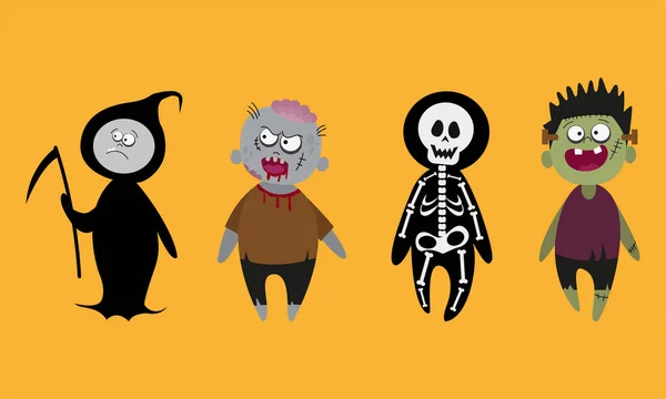 Halloween Personajes Dibujos Animados Zombie Frankenstein Muerte Con Guadaña Esqueleto — Vector de stock