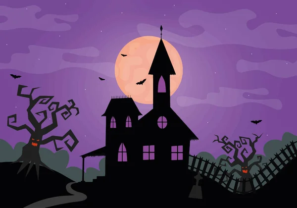 ハロウィン怖い暗い家に不気味な木がある ベクターイラスト — ストックベクタ