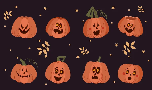 Pack Calabazas Halloween Ilustración Fondo Oscuro Ilustración Vectorial — Vector de stock