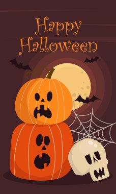 Cadılar Bayramı 'nız kutlu olsun balkabağı yarasaları dolunayın arka planında örümcek ağı kafatası oluşturuyor. Vektör illüstrasyonu