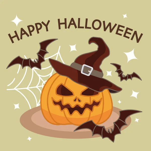 Vierkante Banner Van Vrolijke Halloween Pompoen Met Hoed Vectorillustratie — Stockvector