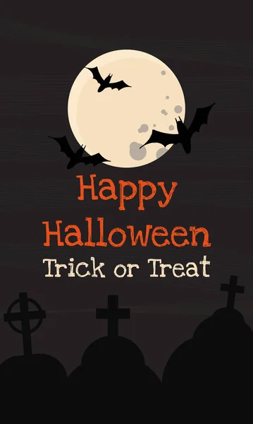 Lettering Happy Halloween Trick Treat Full Moon Night Sky Morcegos — Vetor de Stock