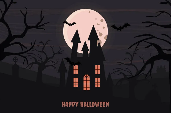 Dopisy Happy Halloween Strašidelný Strašidelný Hrad Hřbitově Stromů Netopýrů Úplněk — Stockový vektor