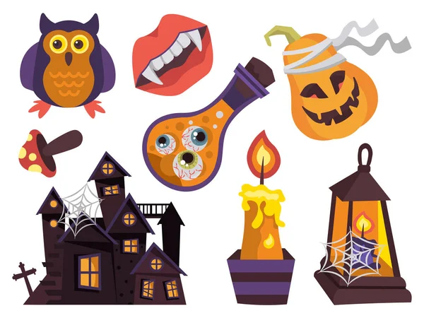 Halloween Klistermärke Set Vektor Skrämmande Pumpa Hus Bandage Lampa Vektorillustration — Stock vektor