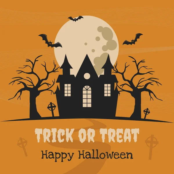 Mutlu Cadılar Bayramı ve Hediye ya da Hediye Evi Mezar Tepesi 'nde ve dolunay arka planında ağaçlar. Vektör illüstrasyonu