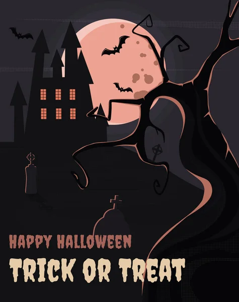 Lettering Happy Halloween Trick Treat Contra Pano Fundo Cemitério Noturno — Vetor de Stock