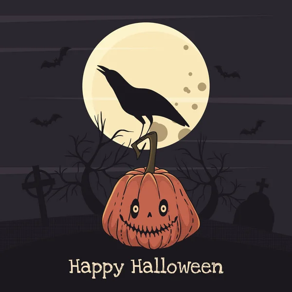 Happy Halloween Inscription Scary Pumpkin Crow Cemetery Background Full Moon — Stock Vector