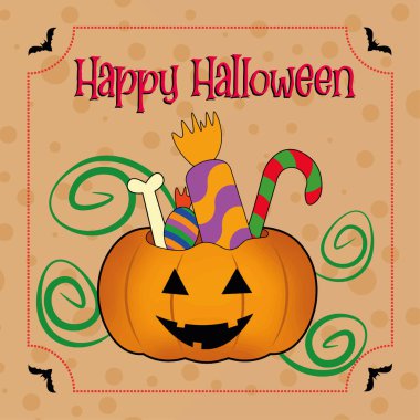 Cadılar bayramı kartında balkabağı resimli şekerler var. Vektör illüstrasyonu