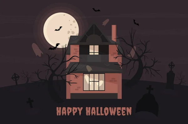 Inskripsjonen Happy Halloween Hjemsøkte Huset Gravlunden Mot Nattens Himmelbakgrunn Ved – stockvektor