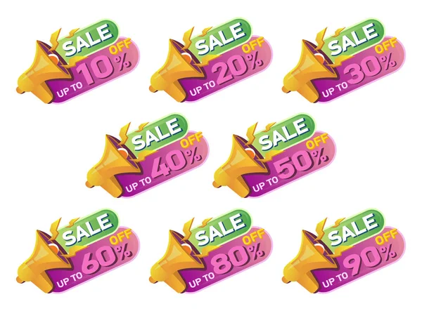 Set Bright Sale Banners Discount Percentages Vector Bullhorn Vector Illustration — Stock Vector