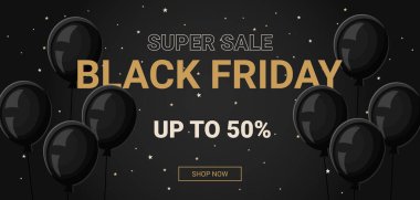 Kara Cuma mesajları, yıldızlı, balonlu ve mağazalı arka planda 50 'ye kadar indirimli. Vektör illüstrasyonu