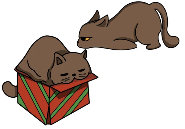 Mignon Chat Brun Dans Une Boîte Cadeau Illustration Noël Illustration — Image vectorielle