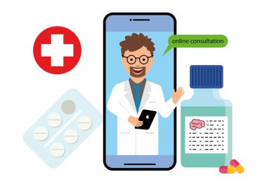 Telefon ve cep telefonunda tıbbi danışmanlık. Vektör illüstrasyonu
