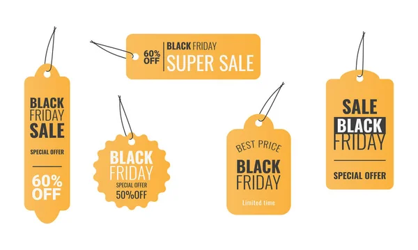 Set Yellow Labels Black Friday Sale Different Shapes Vector Illustration — Stock Vector