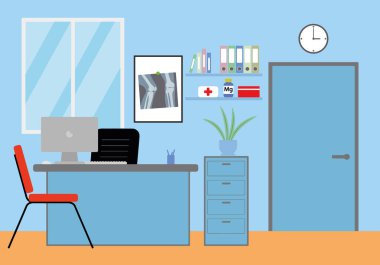 Sandalyesi ve bilgisayarı olan bir tıp bürosu. Vektör illüstrasyonu