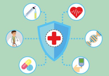 Farklı DNA ikonları ve haplarla dolu bir tıbbi kalkan. Vektör illüstrasyonu