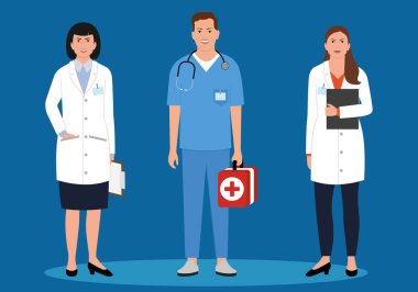 Tıbbi personel mavi bir arka planda, ilk yardım çantasının elinde duruyor. Vektör illüstrasyonu