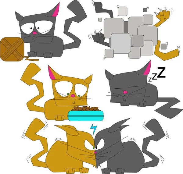 Les Chats Des Bandes Dessinées Red Black Cat Mangent Jouent — Image vectorielle