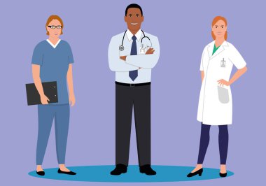 Profesyonel sağlık çalışanları mor bir arka plana karşı dururlar. Vektör illüstrasyonu