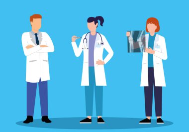Bir grup doktor, kadın ve erkek olarak çizim yapıyor. Vektör illüstrasyonu