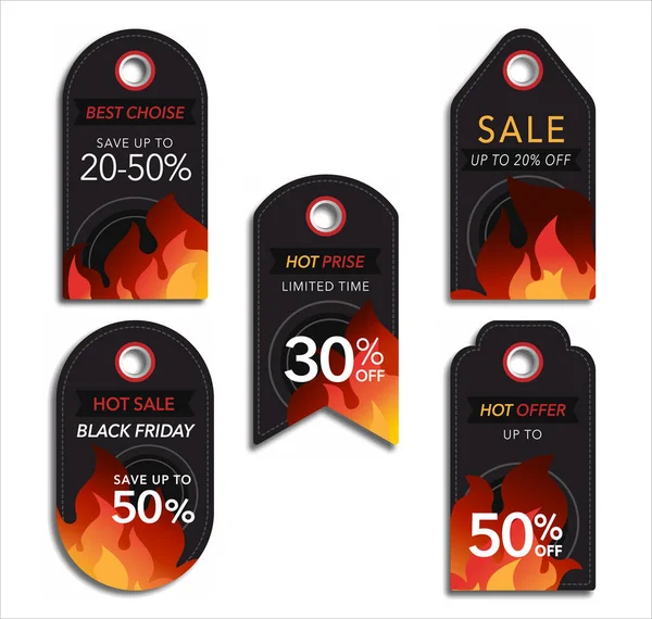 Set Dark Banners Fire Sale Black Friday Price Tag Hot — Stock Vector