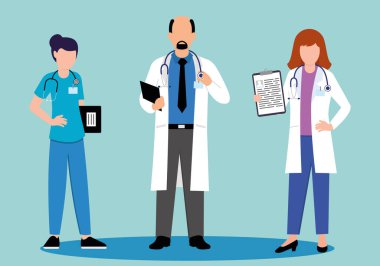 Doktorları ve tabletleri olan profesyonel doktorlar. Vektör illüstrasyonu