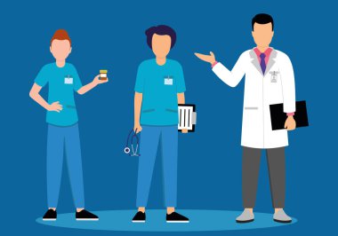 Tıbbi personel doktorları ve hemşireler mavi arka planda. Vektör illüstrasyonu