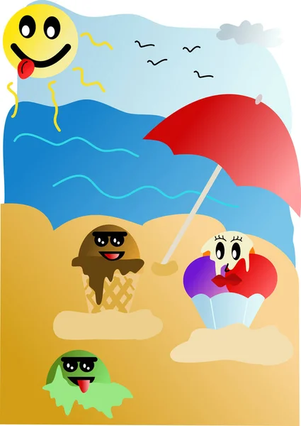 Ice Creams Beach Funny Illustration — Stockvektor