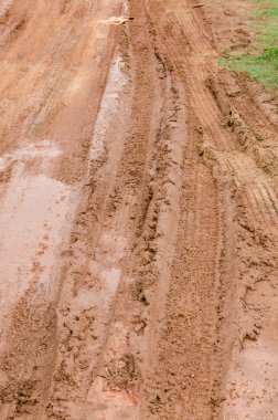 Tekerlek izleri yağmur sonra kırmızı renk bataklık yolu üzerinde