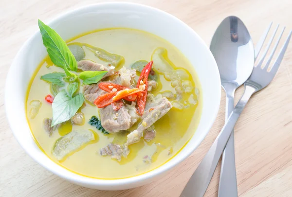 Green curry with pork   and fork spoon — Stock Photo, Image