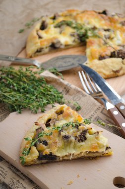 mantar, soğan, kekik ve peynir pasta