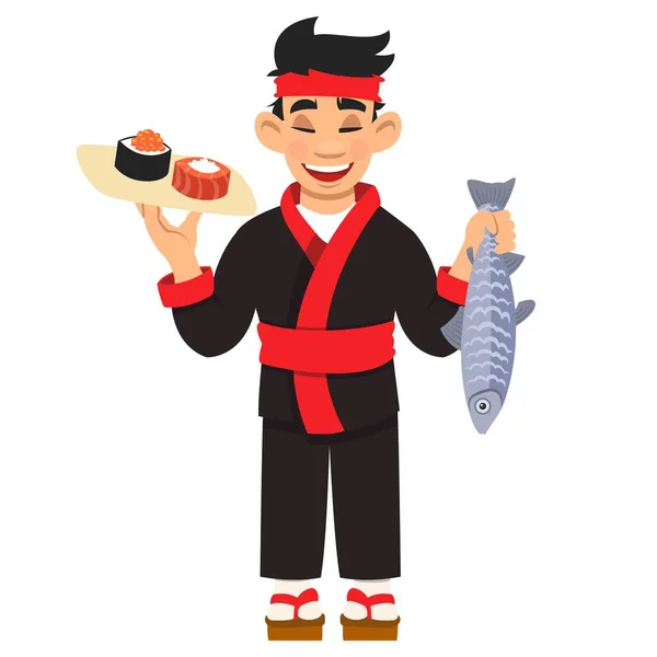 Γελοιογραφία Ιαπωνικά σεφ Μαγειρική Σετ Rolls Sushi — Διανυσματικό Αρχείο