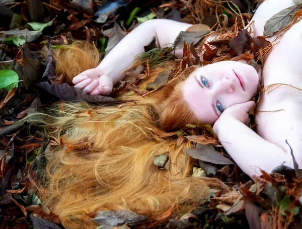 Portré Gyönyörű Fiatal Vörös Hajú Szexi Feküdt Őszi Levelek Kék — Stock Fotó