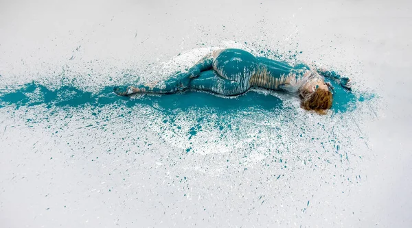 Bodypainting Achteraanzicht Van Een Artistiek Witte Groene Turquoise Blauw Abstract — Stockfoto