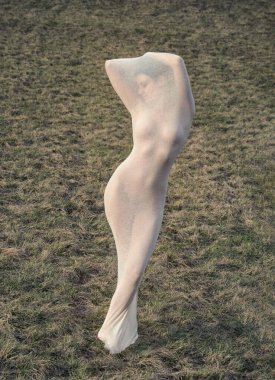 Büyük şeffaf bir elbise örtüsüne sarılı seksi genç kadın, bir çayır üzerinde modern bir heykel gibi duruyor, kopyalama alanı.