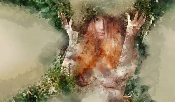 彼女の頭の上に苔の花輪を庭で冬の若いセクシーな裸の女性の肖像画 水彩画のスタイルで芸術的な写真処理 コピースペース — ストック写真