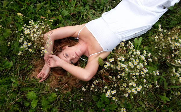 Sexy Cute Young Blonde Woman White Dress Lying Relaxed Meadow — Stock Photo, Image