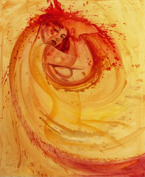 Žlutá Oranžová Rychlá Moderní Umělecká Malba Skica Sexy Ženy Dívka — Stock fotografie