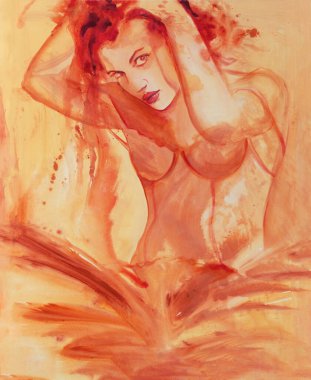 Sanatsal tuvalde seksi kadın resmi, kırmızı, sarı, turuncu, hızlı, modern, çiçek desenli iç çamaşırlarıyla, elleri başının üstünde,