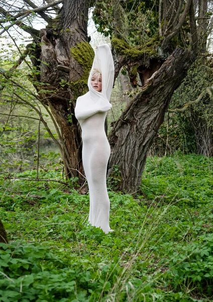 セクシーな若い女性が大きな透明ストッキングドレスの布に包まれ 魔法の森の中の現代彫刻として立って スペースをコピー — ストック写真