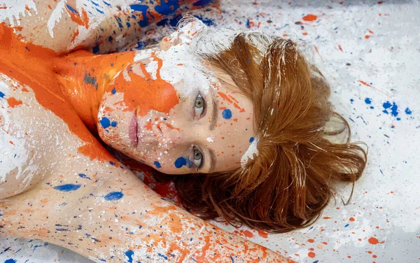 Abstract Art Portrait Seductive Young Brunette Redhead Woman Dots Blue — Φωτογραφία Αρχείου